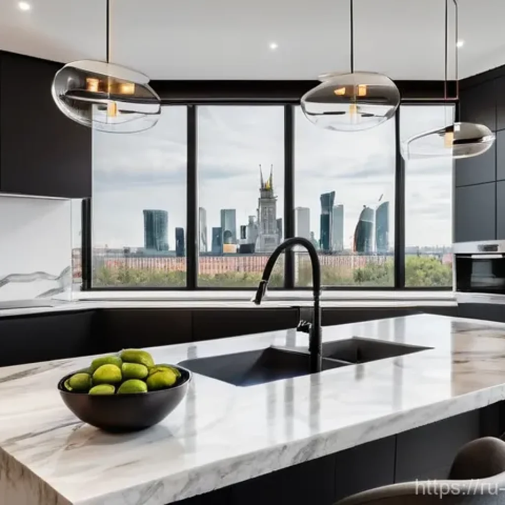 석재 마감재 비교 - **Luxury Moscow Kitchen with Quartz Agglomerate:** A contemporary, high-end kitchen in a spacious Mo...