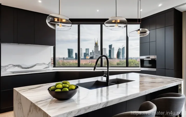 석재 마감재 비교 - **Luxury Moscow Kitchen with Quartz Agglomerate:** A contemporary, high-end kitchen in a spacious Mo...