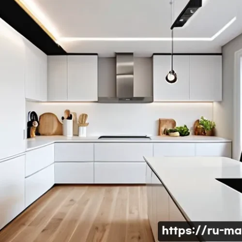 Home 32 LED 패널 조명 설치법 - A modern Russian kitchen interior featuring a centrally mounted LED panel on a smooth white ceiling,...