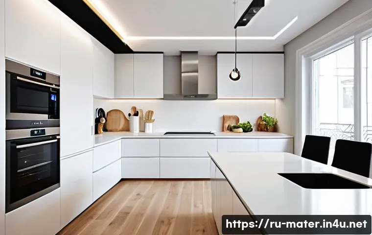 LED 패널 조명 설치법 - A modern Russian kitchen interior featuring a centrally mounted LED panel on a smooth white ceiling,...