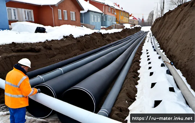PE 배관과 PVC 배관 차이 - Photorealistic split-scene construction site comparison, left side showing black flexible polyethyle...