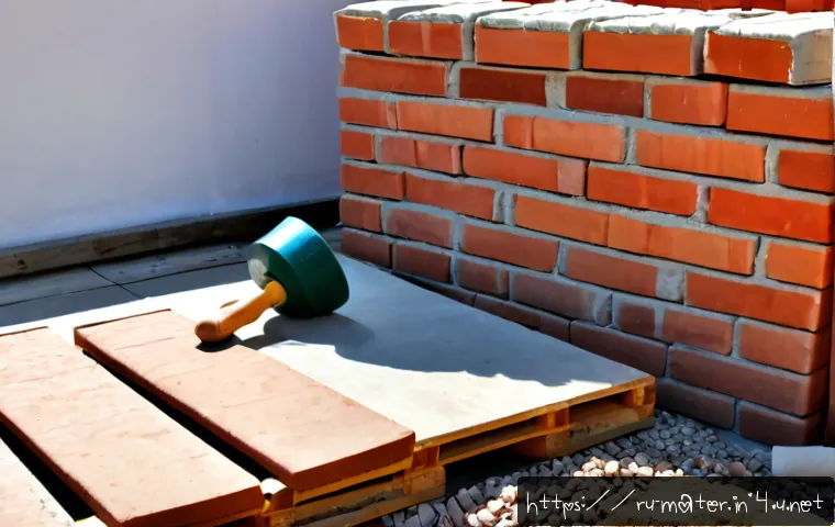 Home 17 조적 공사 필수 자재 - Photorealistic construction site in Russia, neatly arranged essential masonry materials on a clean w...